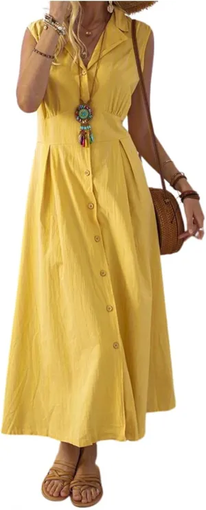 Women's Button Down Cotton Linen Shirt Dress with Pockets Sleeveless V Neck Maxi Dresses Elegant A Line Flowy Dress