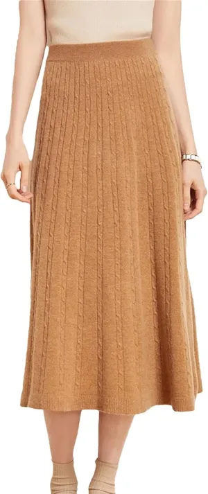 Women's Cashmere Skirt Midi Knitted High Waist Pleated A-Line Skirt Casual Holiday Skirt