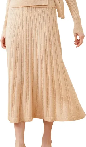 Women's Cashmere Skirt Midi Knitted High Waist Pleated A-Line Skirt Casual Holiday Skirt