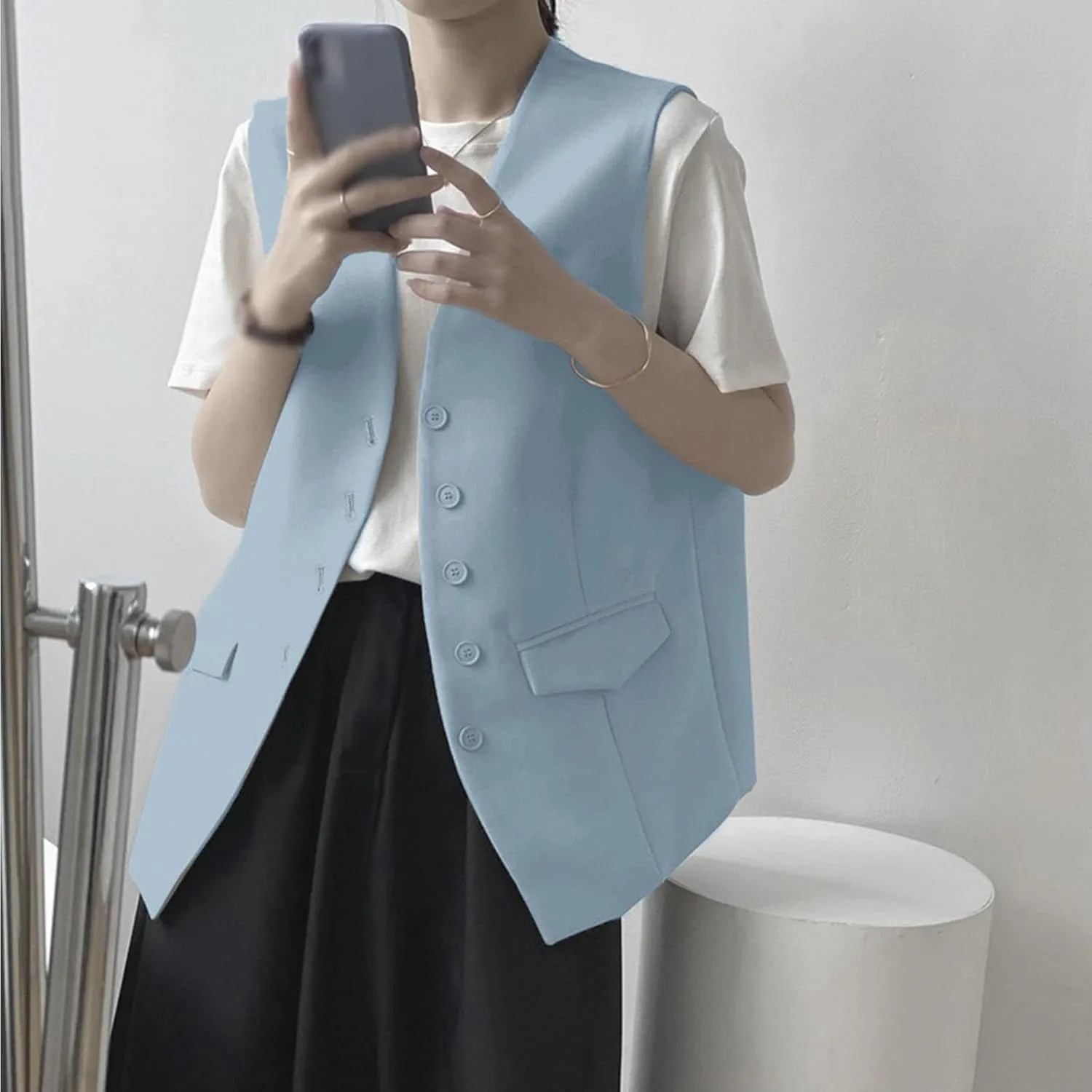 Women's Casual Business Blazer Vest Sleeveless Open Front Blazer Waistcoat Button Down Suit Jackets for Office Work