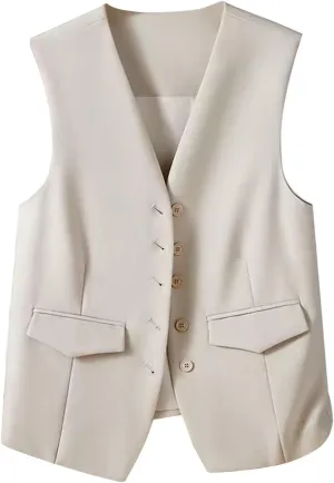 Women's Casual Business Blazer Vest Sleeveless Open Front Blazer Waistcoat Button Down Suit Jackets for Office Work