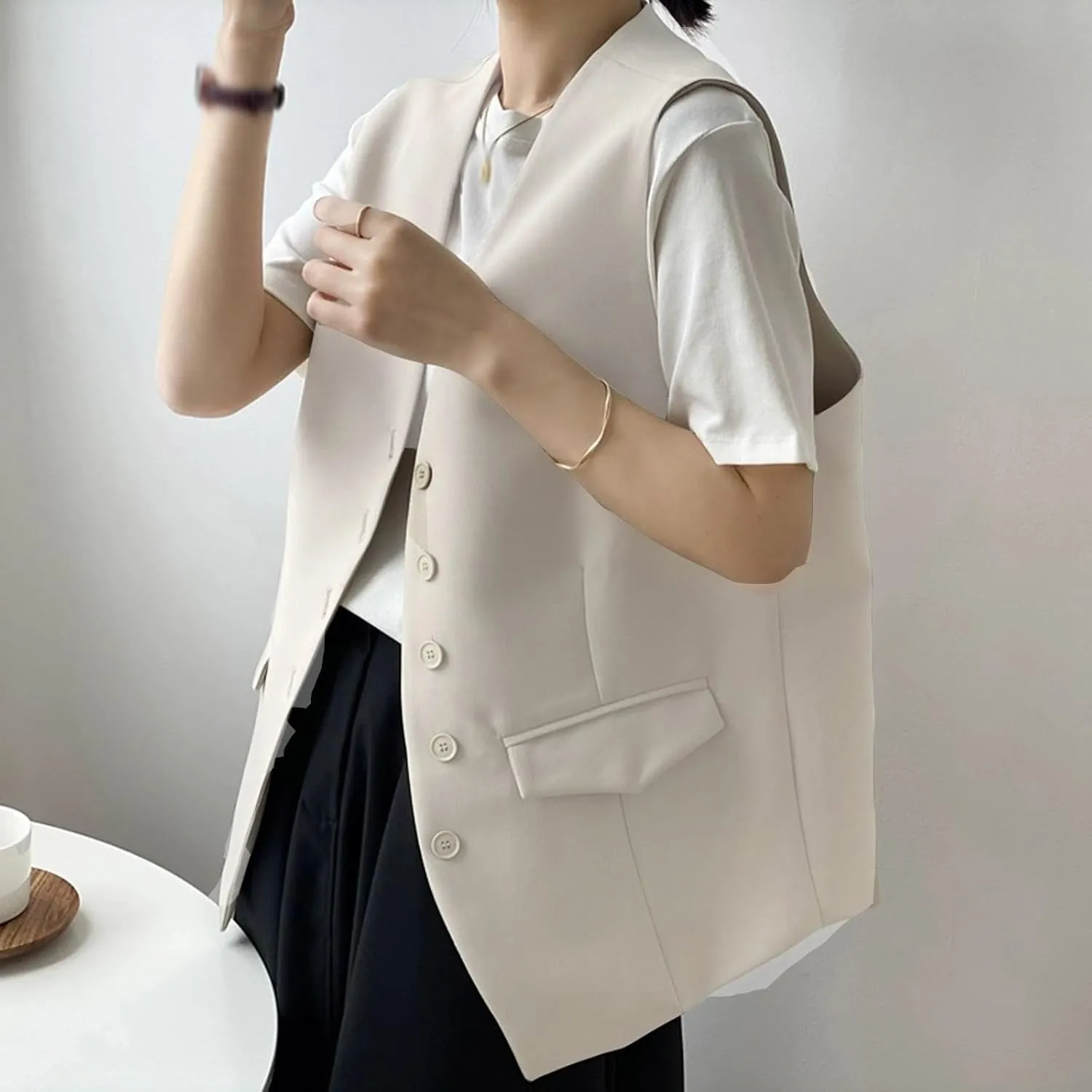 Women's Casual Business Blazer Vest Sleeveless Open Front Blazer Waistcoat Button Down Suit Jackets for Office Work