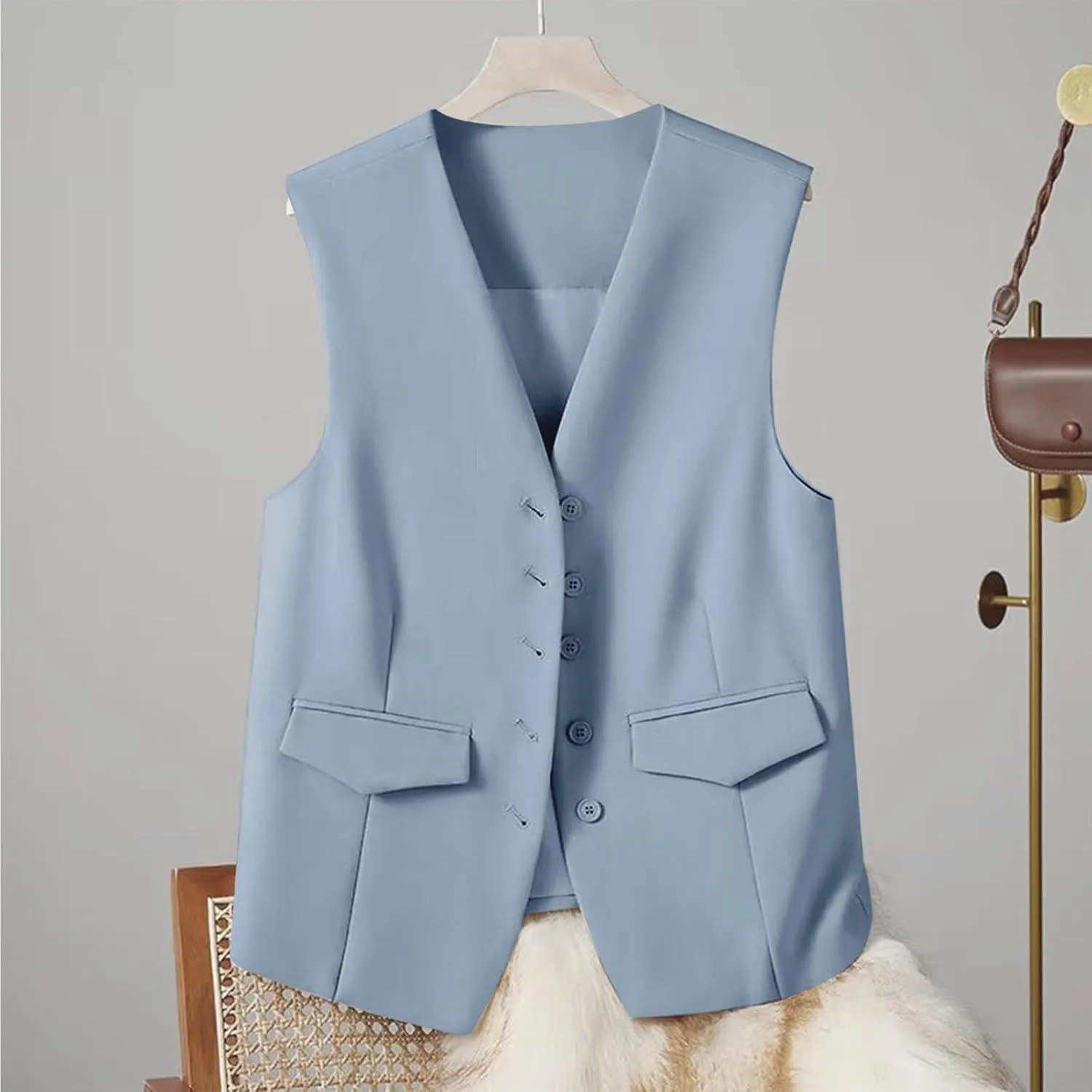 Women's Casual Business Blazer Vest Sleeveless Open Front Blazer Waistcoat Button Down Suit Jackets for Office Work