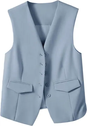 Women's Casual Business Blazer Vest Sleeveless Open Front Blazer Waistcoat Button Down Suit Jackets for Office Work