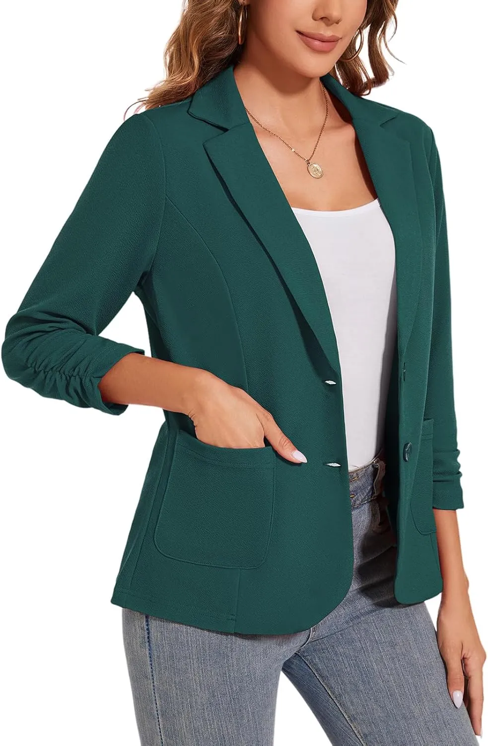 Women's Casual Button Front Blazer Jackets Ruched 3/4 Sleeve Lapel Office Work Lightweight Blazers with Pockets