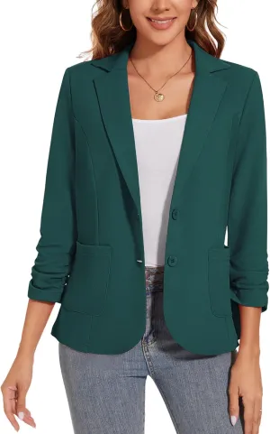 Women's Casual Button Front Blazer Jackets Ruched 3/4 Sleeve Lapel Office Work Lightweight Blazers with Pockets