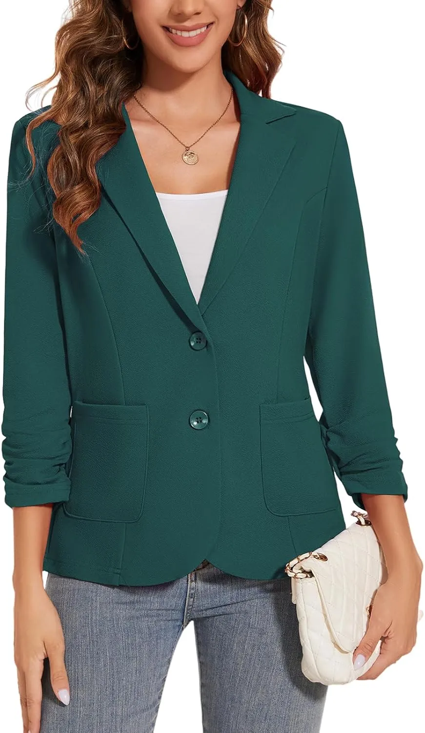 Women's Casual Button Front Blazer Jackets Ruched 3/4 Sleeve Lapel Office Work Lightweight Blazers with Pockets