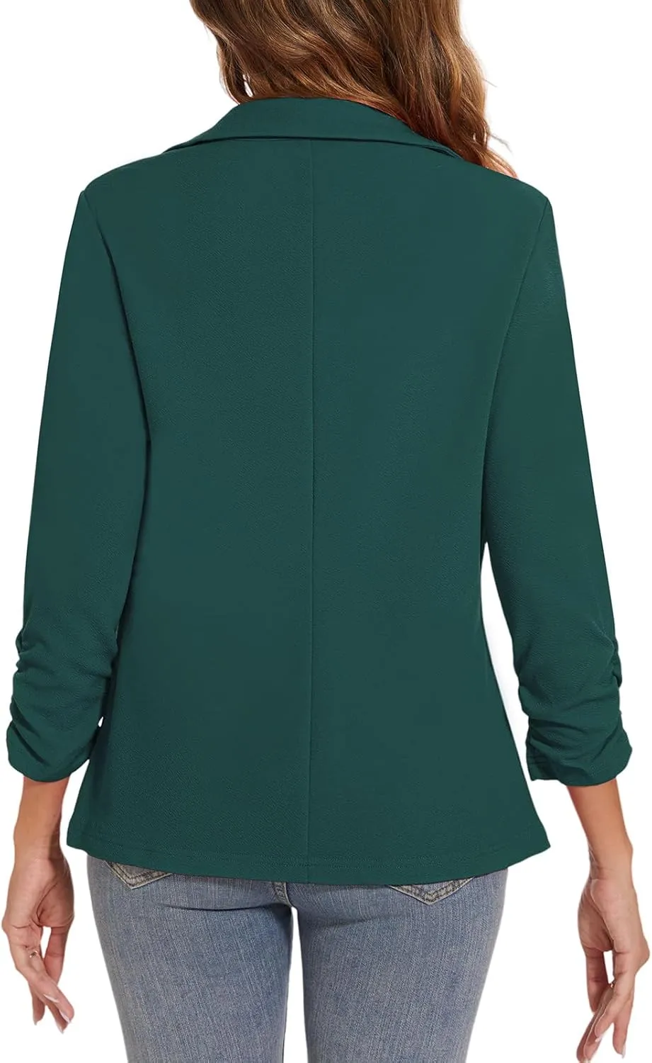 Women's Casual Button Front Blazer Jackets Ruched 3/4 Sleeve Lapel Office Work Lightweight Blazers with Pockets