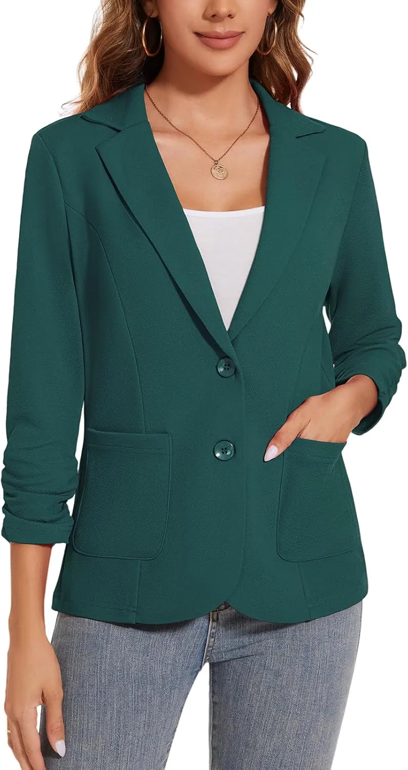 Women's Casual Button Front Blazer Jackets Ruched 3/4 Sleeve Lapel Office Work Lightweight Blazers with Pockets