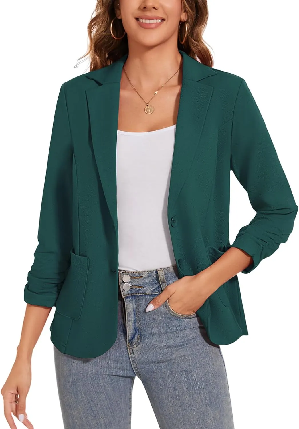 Women's Casual Button Front Blazer Jackets Ruched 3/4 Sleeve Lapel Office Work Lightweight Blazers with Pockets