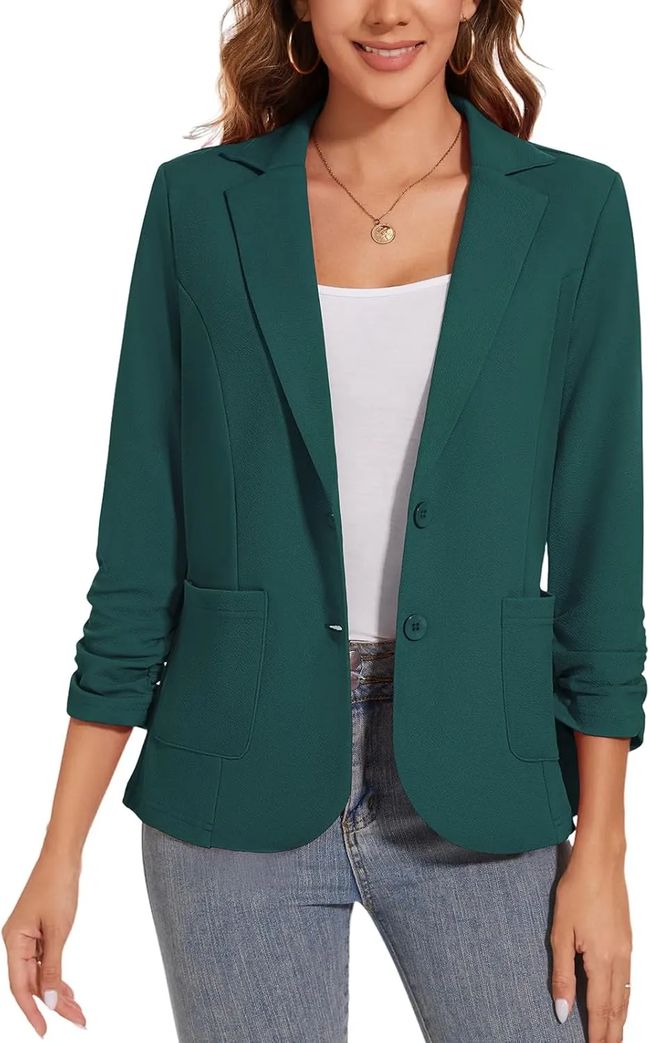 Women's Casual Button Front Blazer Jackets Ruched 3/4 Sleeve Lapel Office Work Lightweight Blazers with Pockets