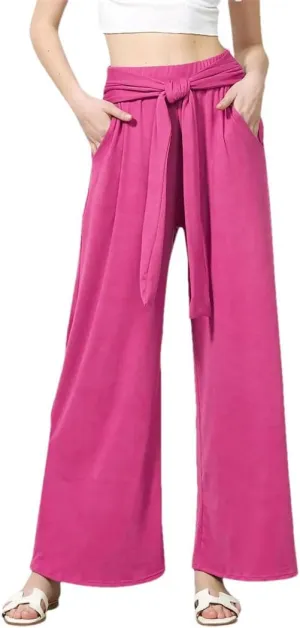 Women's Casual Draped Tie Solid High Waist Straight Wide Leg Pants