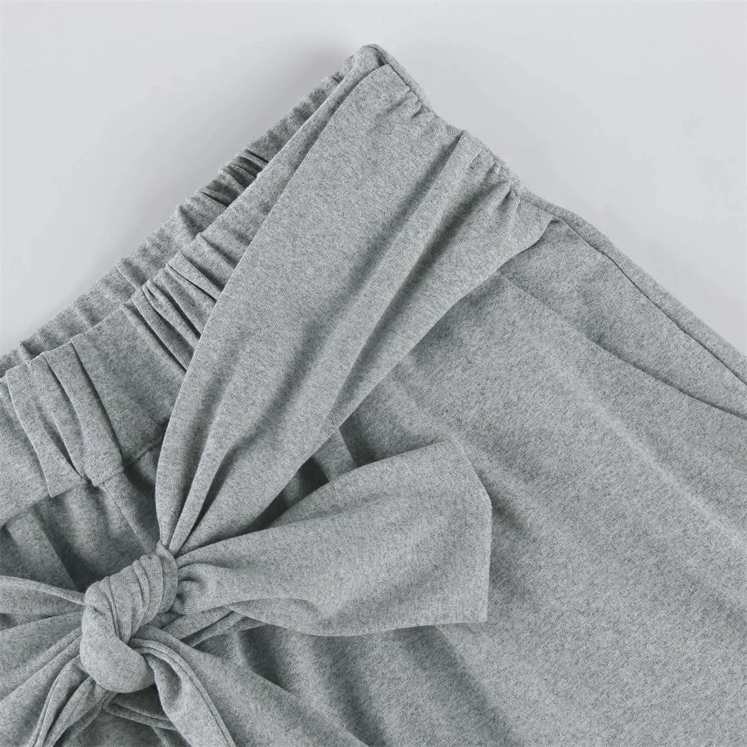 Women's Casual Draped Tie Solid High Waist Straight Wide Leg Pants