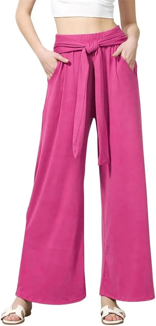 Women's Casual Draped Tie Solid High Waist Straight Wide Leg Pants