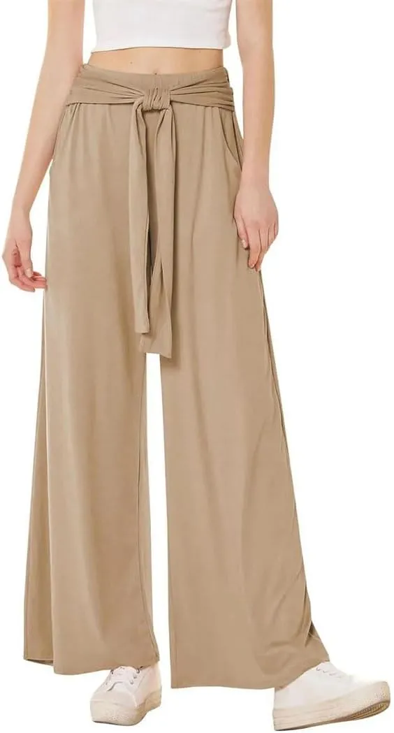 Women's Casual Draped Tie Solid High Waist Straight Wide Leg Pants