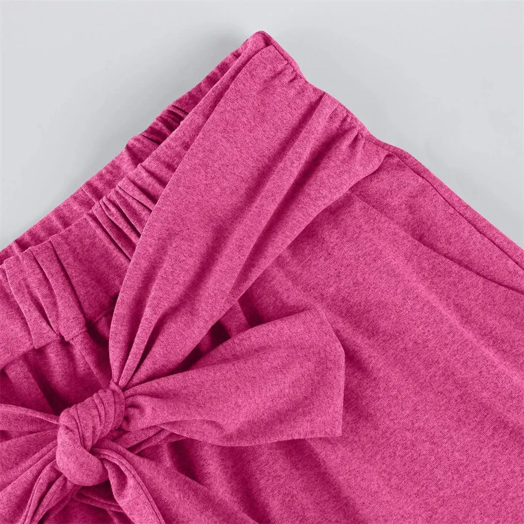 Women's Casual Draped Tie Solid High Waist Straight Wide Leg Pants