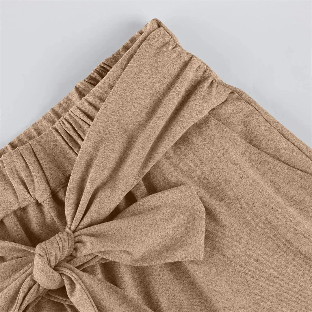 Women's Casual Draped Tie Solid High Waist Straight Wide Leg Pants