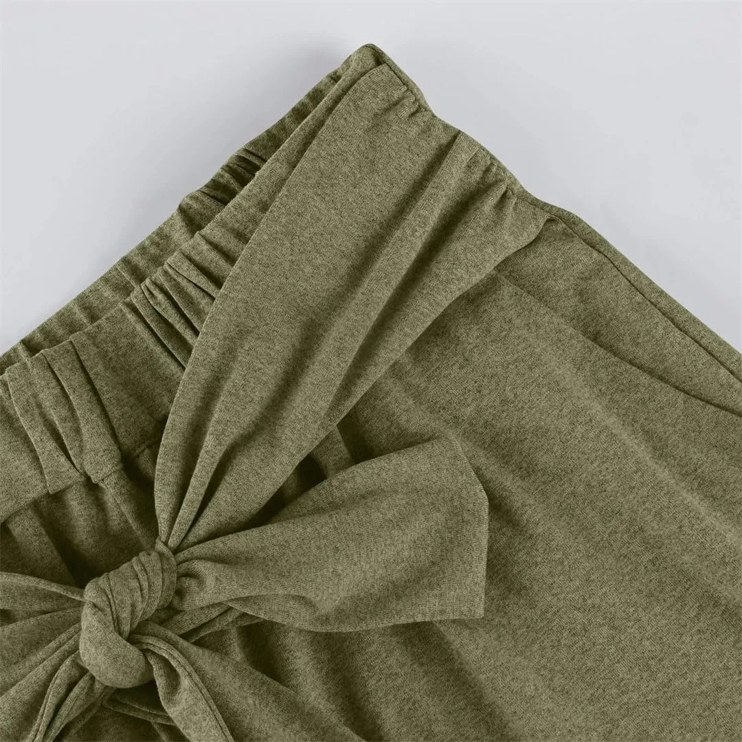Women's Casual Draped Tie Solid High Waist Straight Wide Leg Pants