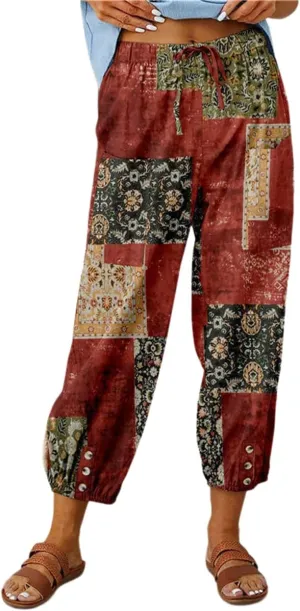 Womens Casual High Waist Boho Cotton Linen Pants Summer Floral Harem Pants Long Trousers with Pockets