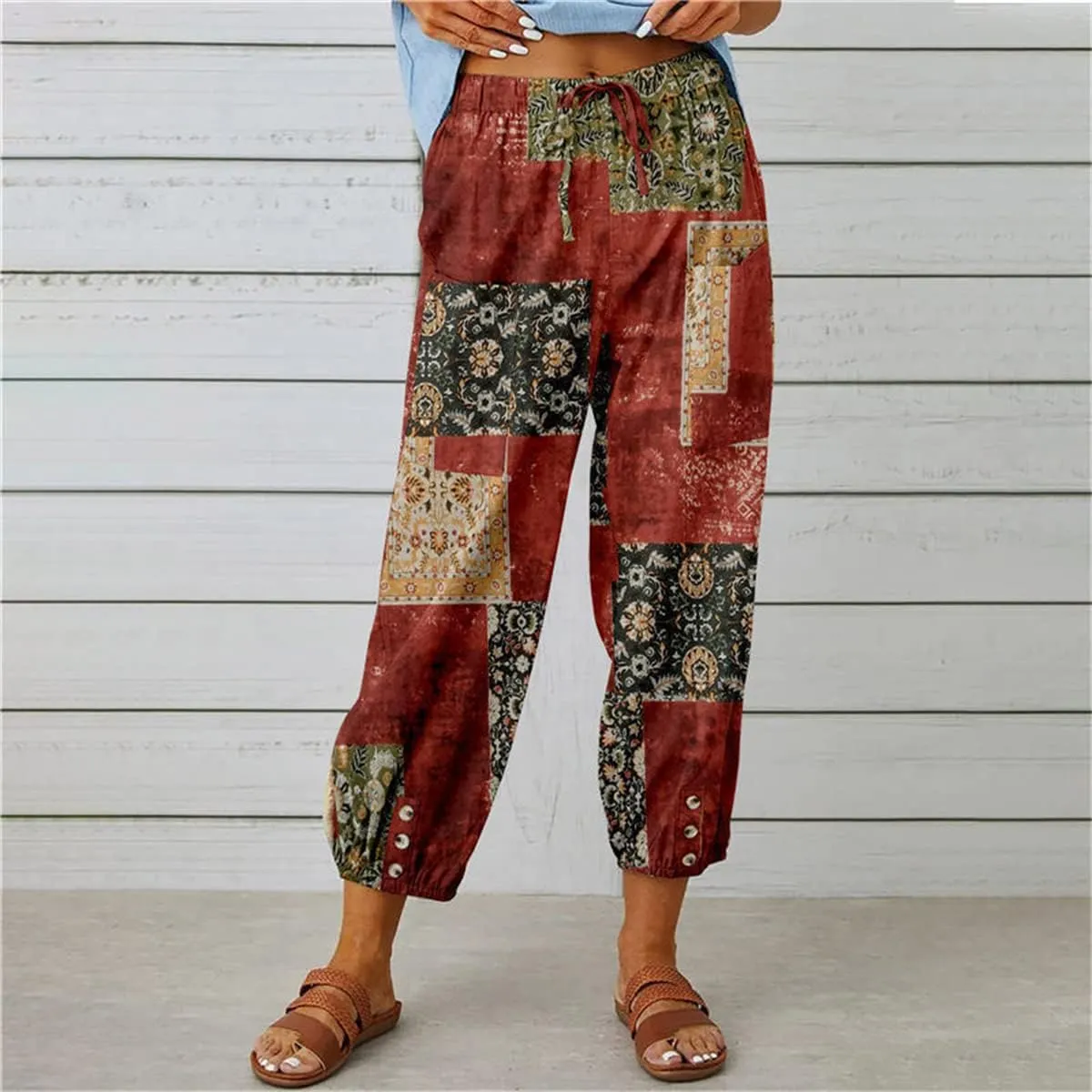 Womens Casual High Waist Boho Cotton Linen Pants Summer Floral Harem Pants Long Trousers with Pockets