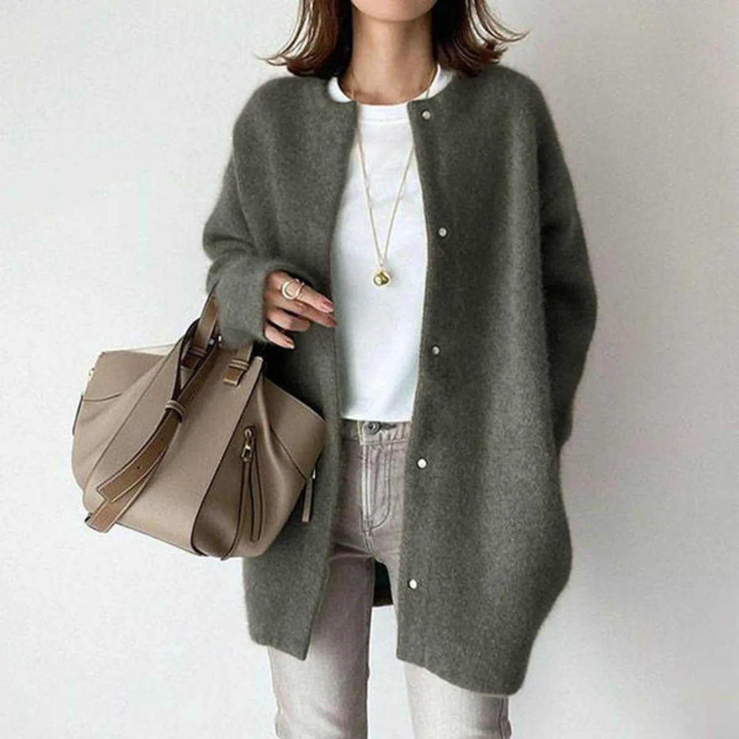 Womens Casual Knit Loose Fit Crewneck Jacket Button Down Lightweight Fuzzy Jacket Solid Long Sleeve Baggy Outwear