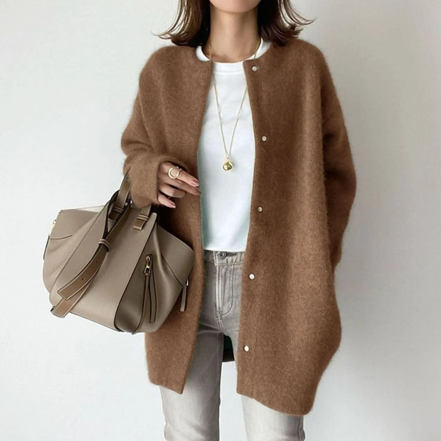 Womens Casual Knit Loose Fit Crewneck Jacket Button Down Lightweight Fuzzy Jacket Solid Long Sleeve Baggy Outwear
