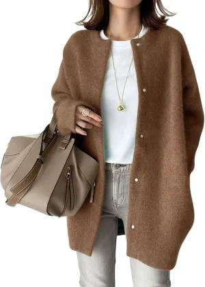 Womens Casual Knit Loose Fit Crewneck Jacket Button Down Lightweight Fuzzy Jacket Solid Long Sleeve Baggy Outwear