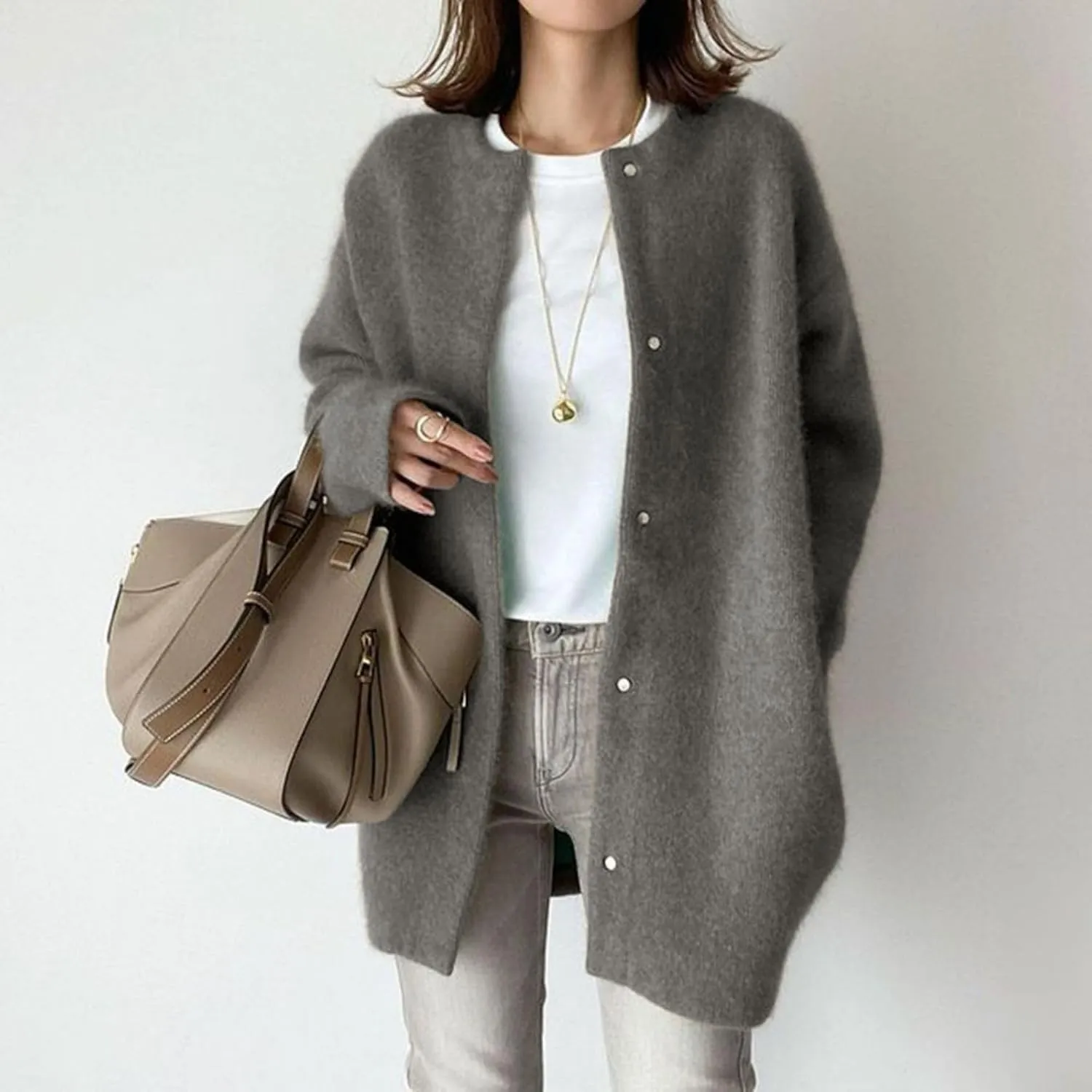 Womens Casual Knit Loose Fit Crewneck Jacket Button Down Lightweight Fuzzy Jacket Solid Long Sleeve Baggy Outwear