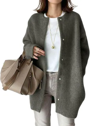 Womens Casual Knit Loose Fit Crewneck Jacket Button Down Lightweight Fuzzy Jacket Solid Long Sleeve Baggy Outwear