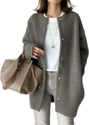 Womens Casual Knit Loose Fit Crewneck Jacket Button Down Lightweight Fuzzy Jacket Solid Long Sleeve Baggy Outwear