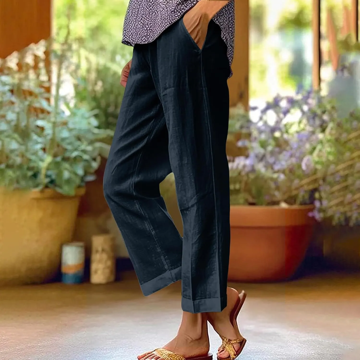 Womens Casual Linen High Waist Drawstring Pants Loose Fit Summer Beach Wide Leg Cropped Trousers with Pockets