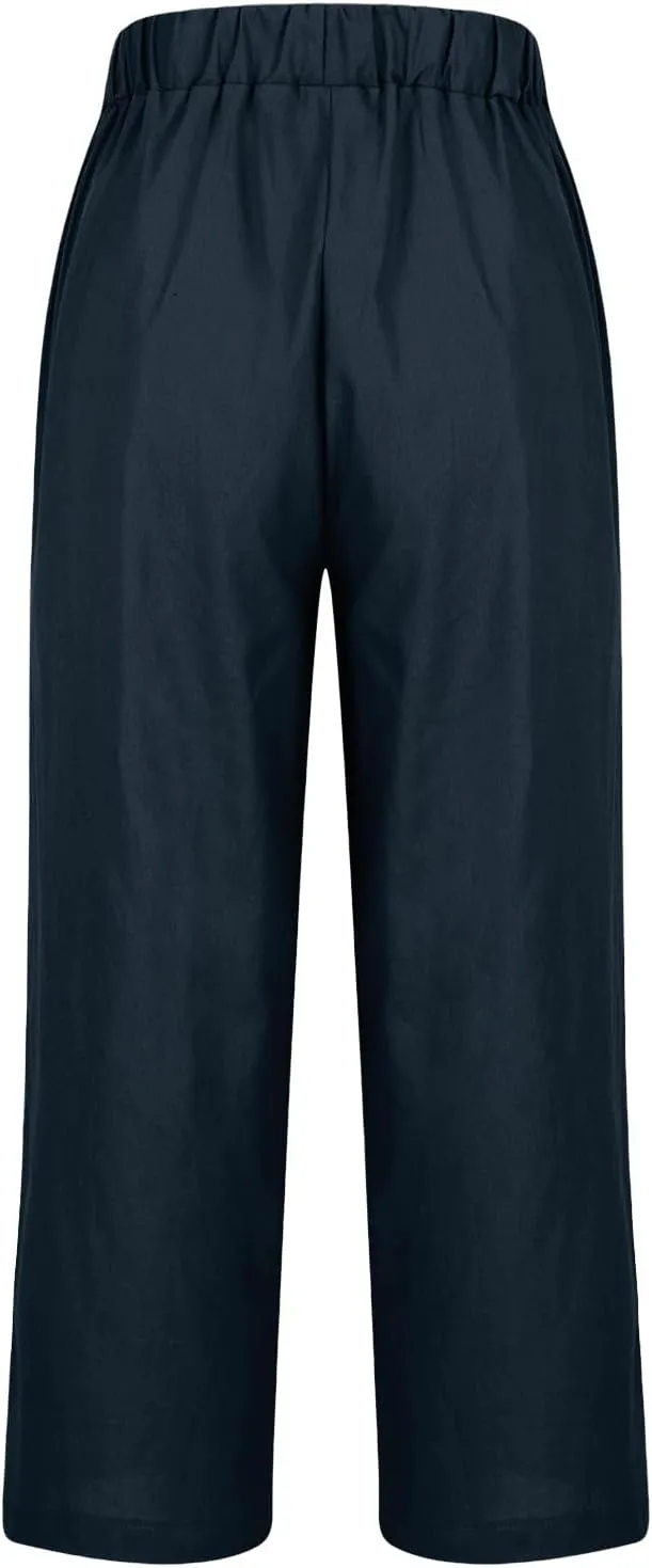 Womens Casual Linen High Waist Drawstring Pants Loose Fit Summer Beach Wide Leg Cropped Trousers with Pockets