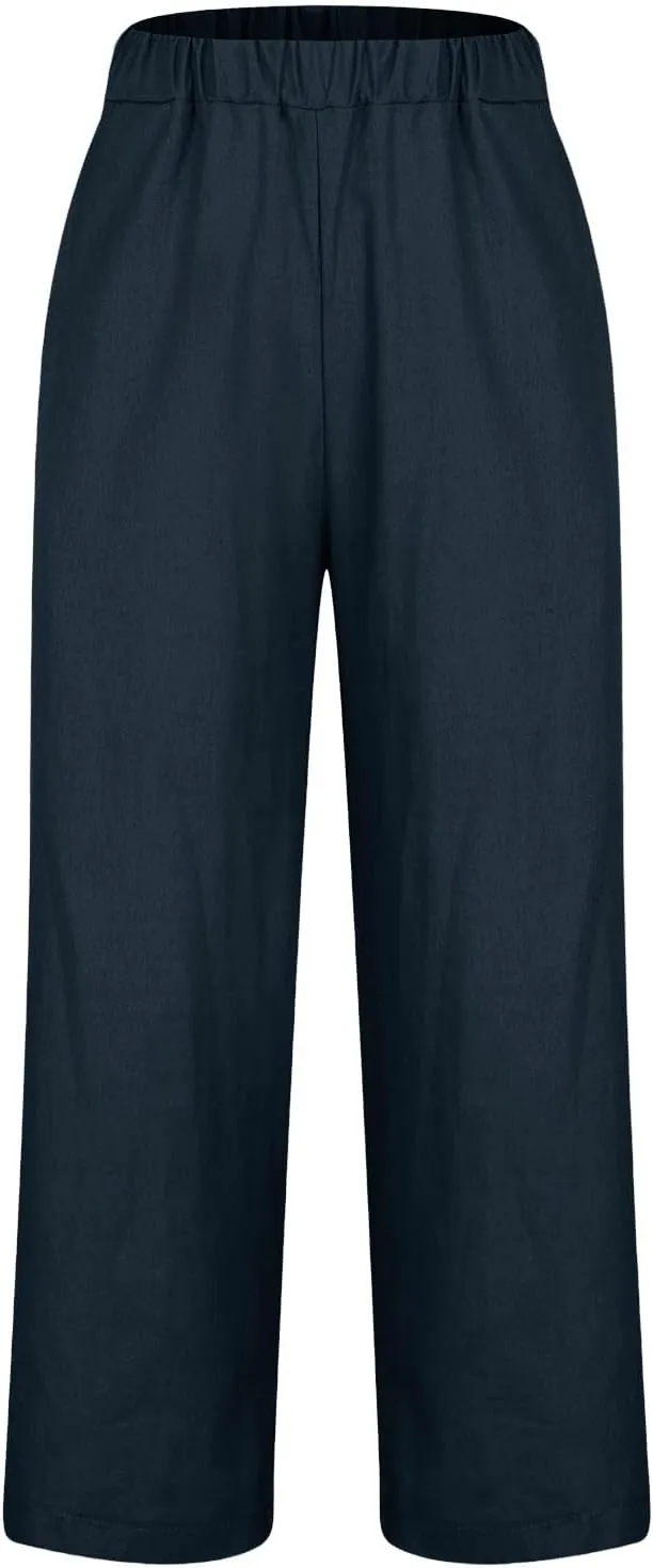Womens Casual Linen High Waist Drawstring Pants Loose Fit Summer Beach Wide Leg Cropped Trousers with Pockets
