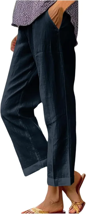 Womens Casual Linen High Waist Drawstring Pants Loose Fit Summer Beach Wide Leg Cropped Trousers with Pockets