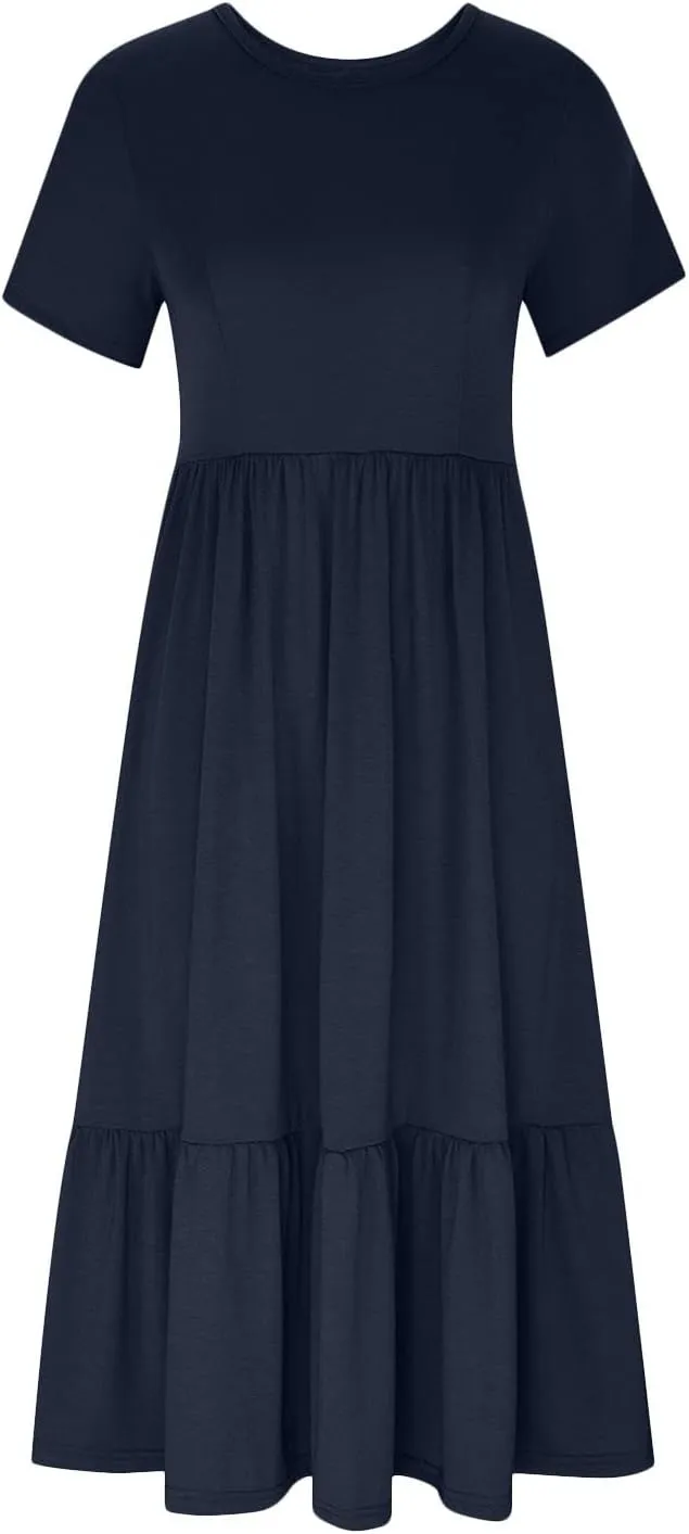 Womens Casual Summer Dresses Short Sleeve Crewneck Swing Dress Flowy Tiered Maxi Beach Dress Loose Pocket Long Dress