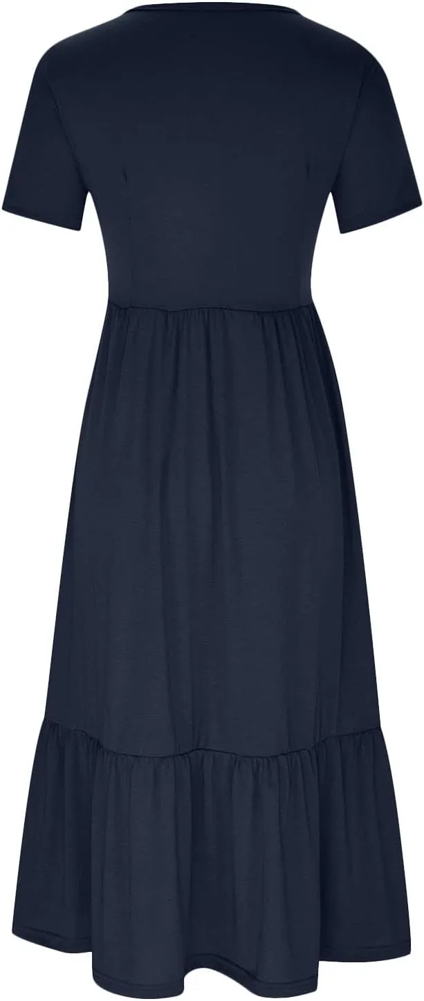Womens Casual Summer Dresses Short Sleeve Crewneck Swing Dress Flowy Tiered Maxi Beach Dress Loose Pocket Long Dress