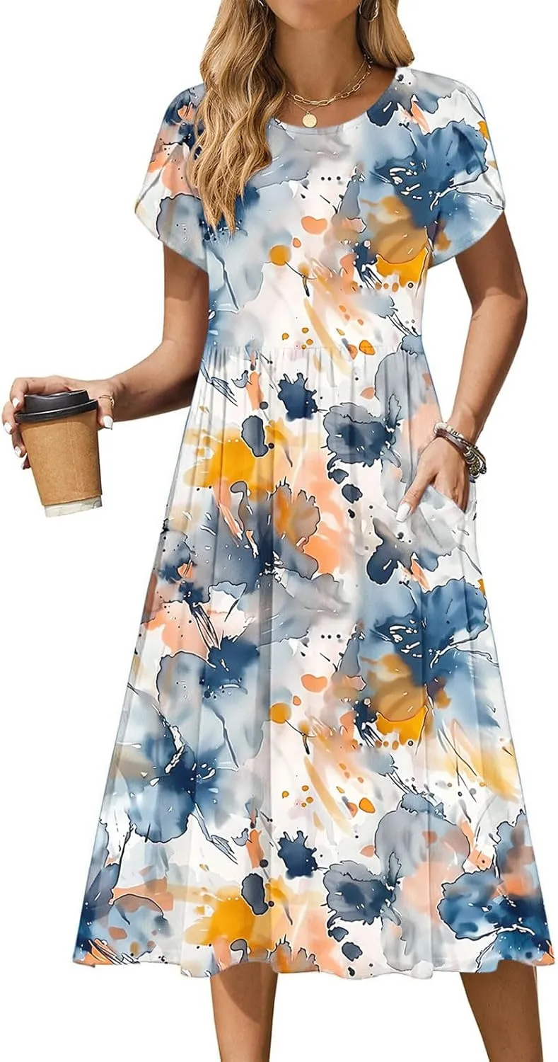 Women's Casual Summer Maxi Dress Spring Petal Short Sleeve Tshirt Dress with Pockets A Line Vacation Beach Sundress