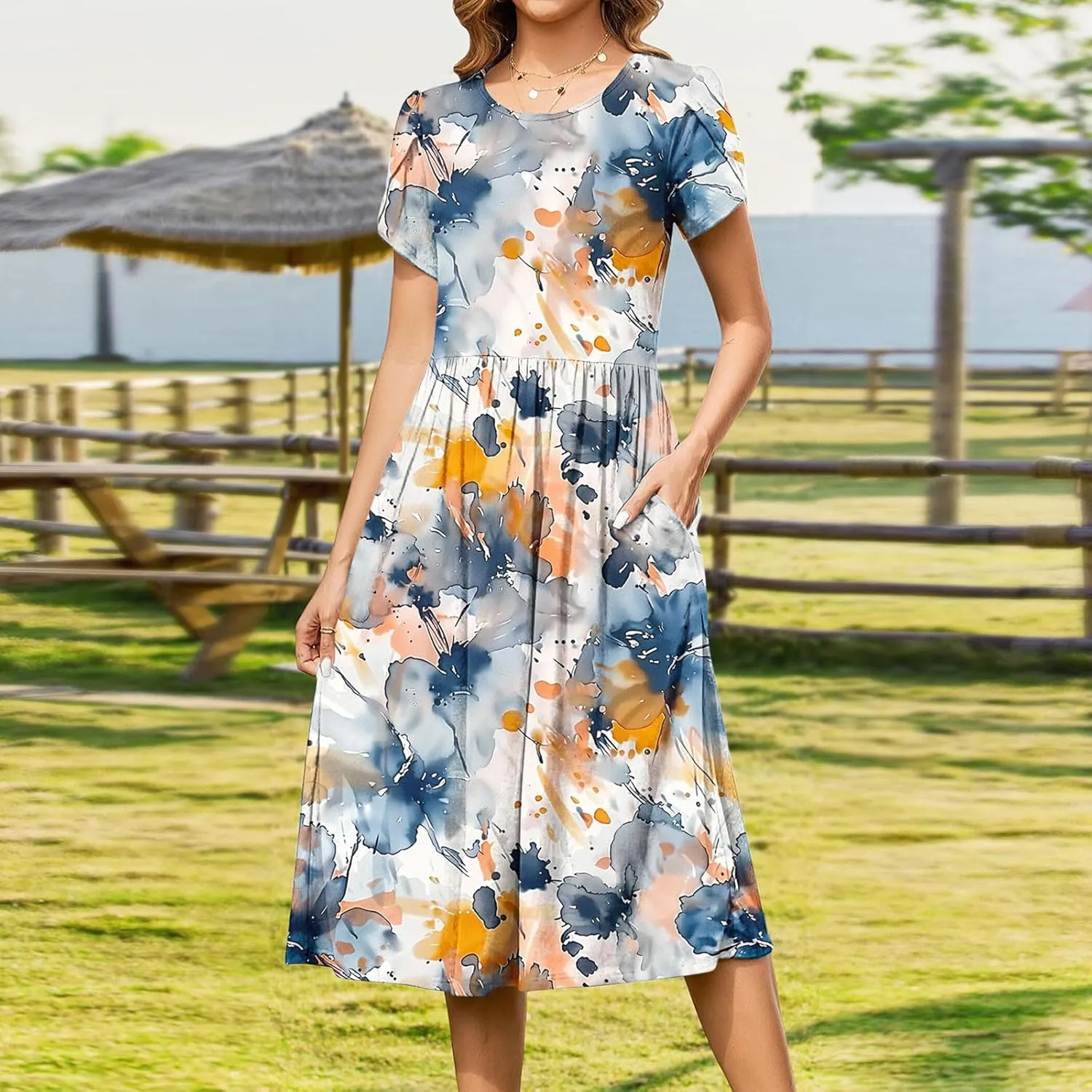 Women's Casual Summer Maxi Dress Spring Petal Short Sleeve Tshirt Dress with Pockets A Line Vacation Beach Sundress