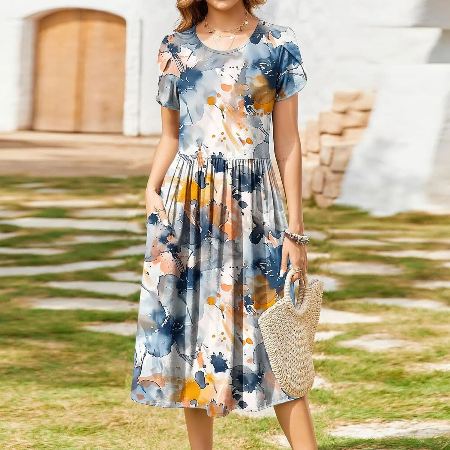 Women's Casual Summer Maxi Dress Spring Petal Short Sleeve Tshirt Dress with Pockets A Line Vacation Beach Sundress