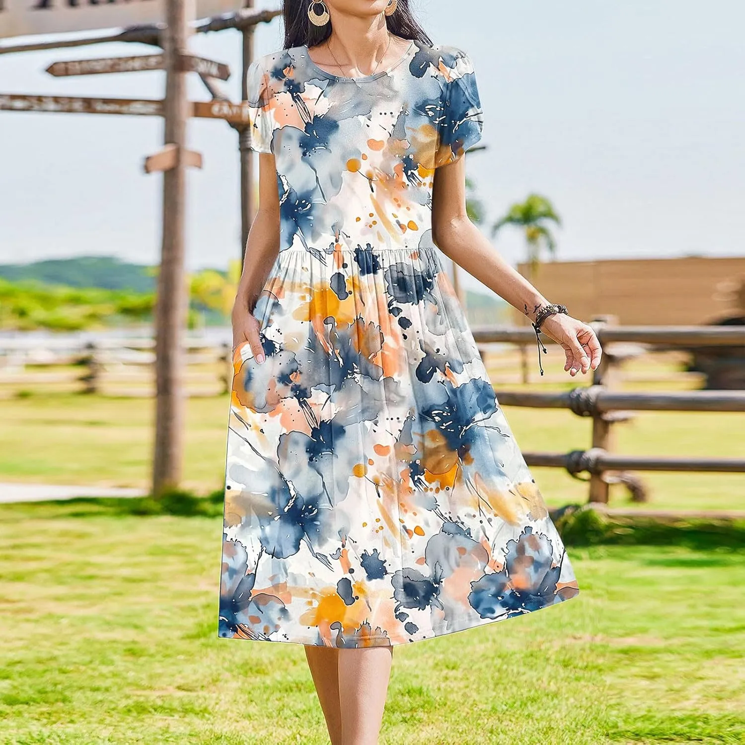 Women's Casual Summer Maxi Dress Spring Petal Short Sleeve Tshirt Dress with Pockets A Line Vacation Beach Sundress