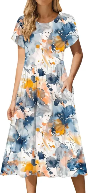 Women's Casual Summer Maxi Dress Spring Petal Short Sleeve Tshirt Dress with Pockets A Line Vacation Beach Sundress