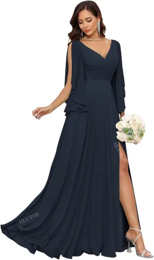 Women's Chiffon Mother of The Bride Dresses for Wedding V Neck Bridesmaid Dress with Sleeves Formal Evening Party Gown