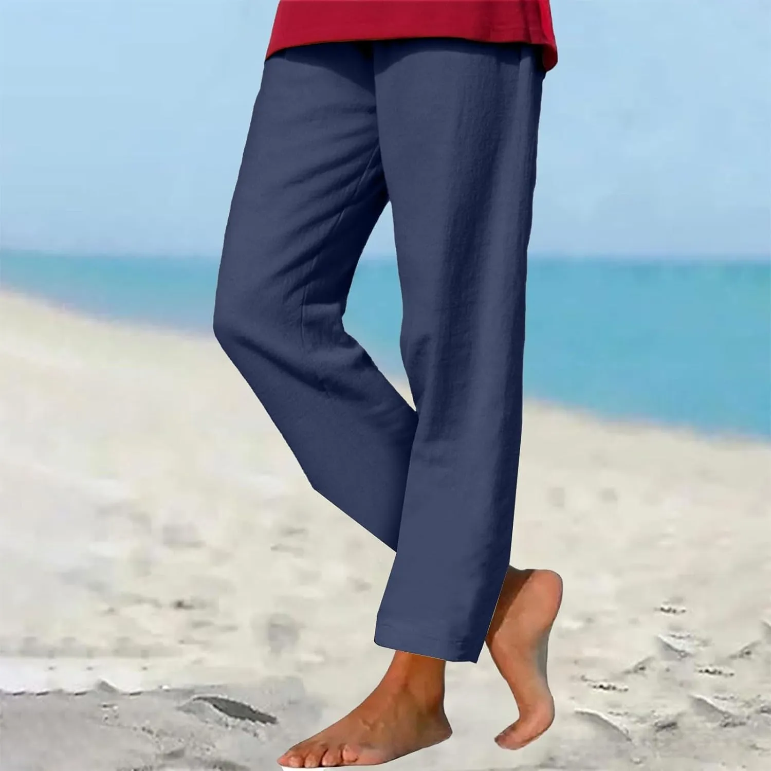 Womens Cotton Linen Pants Casual Summer 2025 Straight Loose High Waisted Drawstring Elastic Pant Beach Daily Trouser