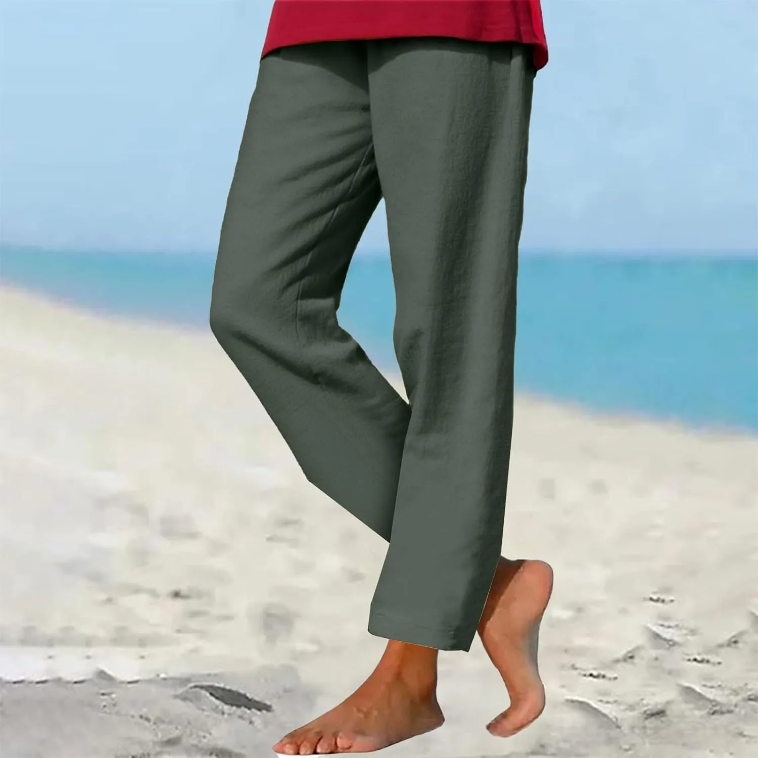 Womens Cotton Linen Pants Casual Summer 2025 Straight Loose High Waisted Drawstring Elastic Pant Beach Daily Trouser