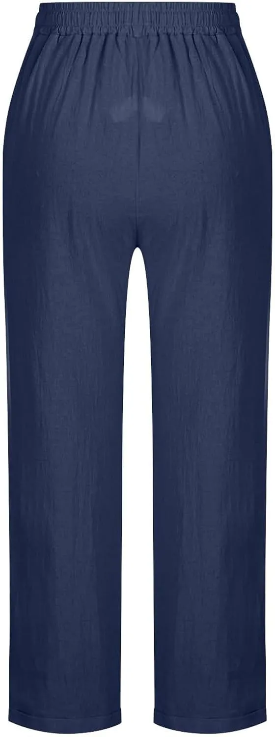 Womens Cotton Linen Pants Casual Summer 2025 Straight Loose High Waisted Drawstring Elastic Pant Beach Daily Trouser