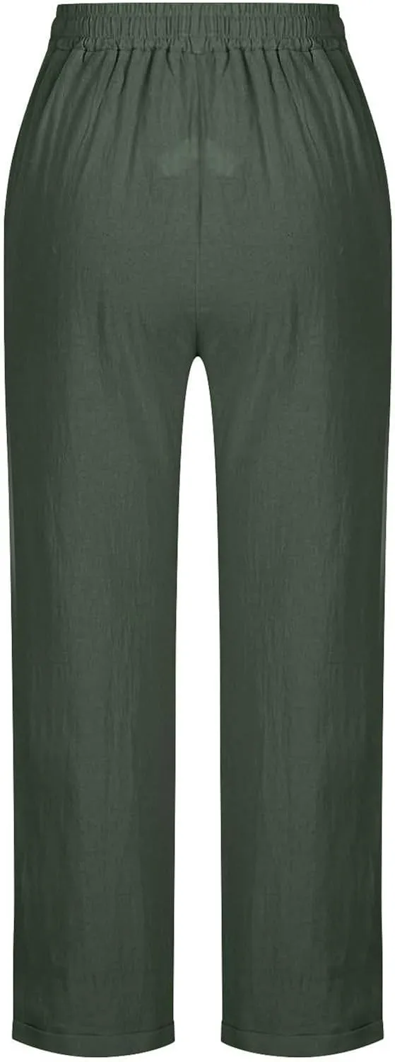Womens Cotton Linen Pants Casual Summer 2025 Straight Loose High Waisted Drawstring Elastic Pant Beach Daily Trouser