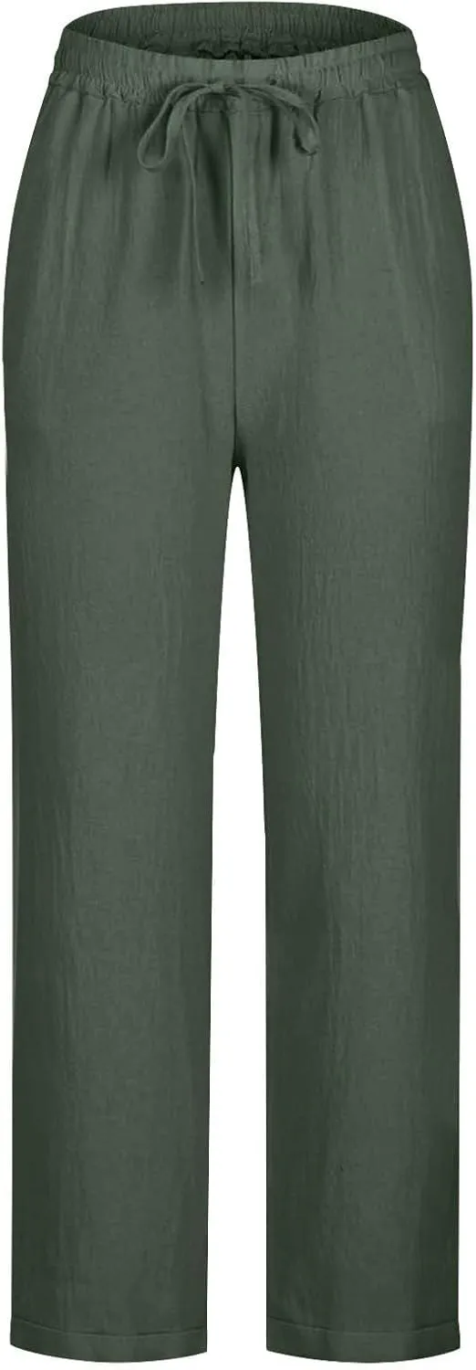 Womens Cotton Linen Pants Casual Summer 2025 Straight Loose High Waisted Drawstring Elastic Pant Beach Daily Trouser