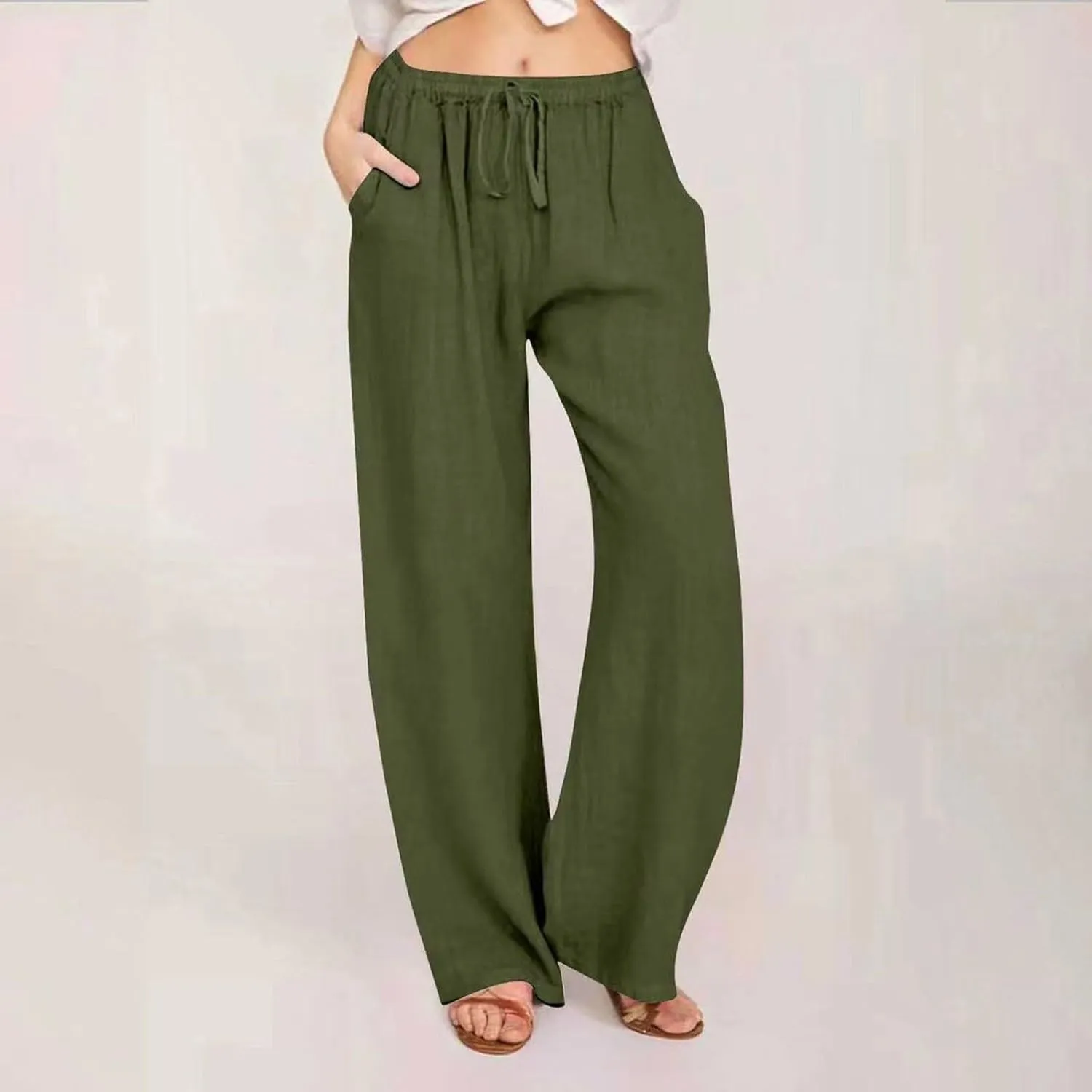 Women's Cotton Linen Pants,Summer Wide Leg Casual Loose Drawstring High Waist Palazzo Pants Trousers with Pockets