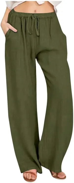 Women's Cotton Linen Pants,Summer Wide Leg Casual Loose Drawstring High Waist Palazzo Pants Trousers with Pockets