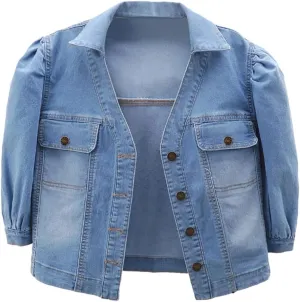 Women's Cropped Denim Jacket Puff Short Sleeve Sweet Button Down Denim Jean Jacket